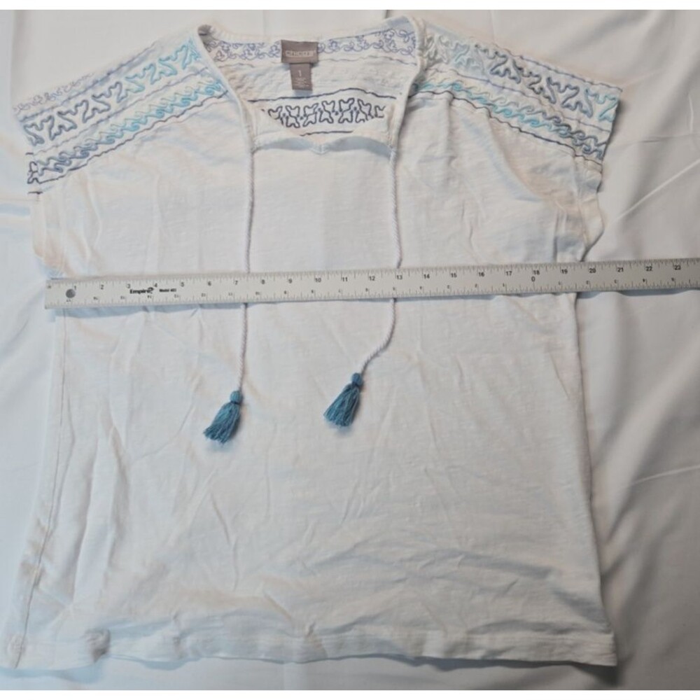 Chico's Peasant Blouse Womens Embroidered Top Size 1 White Blue Tie Neck Tassels - Picture 5 of 7